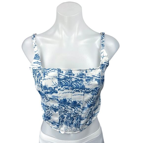Lioness Blue White Printed Sleeveless Square Neck Corset Crop Tank Top Size S - Picture 1 of 4